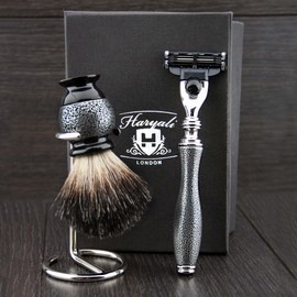 Haryali London Mens Shaving Kit 3 Edge Razor With Black Badger Hair Shaving Brush and Stainless Steel Stand Perfect Set For Men