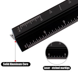 12" Architectural Scale Ruler, Aluminum Scale, Triangular Ruler, Scale Ruler for Blueprint Imperial Measurements for Architects Engineering Artists, Draftsman Drawing, Laser-Etched Markings.(Black)