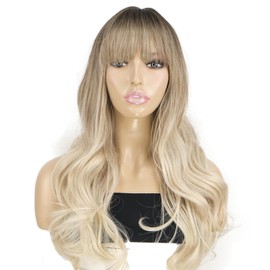 onemily Platinum Blonde Wigs with Bangs for Women Long Wavy Ombre Blonde Wig with Dark Roots Synthetic Wig For Daily Party Cosplay Costume