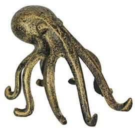 Exquisite Antique Gold Finish Cast Iron Octopus Book End/Phone Holder Stand - Decorative Bookend, Nautical Delight, and Desk Organizer - 6.25 Inches Long
