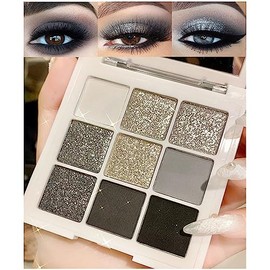 evpct 9 Colores Negro Gris Ahumado Gris Plata Glitter Shimmer Sombra de Ojos Paleta de Maquillaje Altamente Pigmentada Negra Glitter Sombra de Ojos...