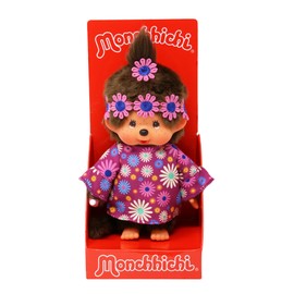 Sekiguchi 252893 Original Monchhichi Girl Flower Power in Purple and Blue, Approx. 20 cm Cuddly Toy Made of Brown Plush