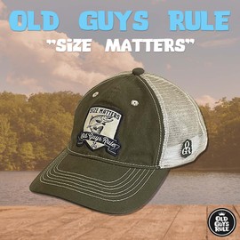 OLD GUYS RULE Men's Trucker Hat, Size Matters - Gift for Dad, Grandpa, Husband, Father's Day, Birthday, Holiday - Funny Novelty Hat for Fishing Enthusiasts, Outdoors, Camping (Dark Olive & Ivory)