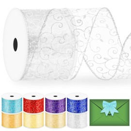 Glarks 1 Roll 2.5 inch x 10 Yards Silver Swirl Glitter Wired Ribbon, Organza with Glitter Swirls Wired Ribbon, Organza Sheer Swirl Ribbon with Metallic Edge for Christmas Tree Decoration Gift Wrapping
