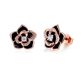 MYBELLNA 14K Gold Dainty Flower Earrings Black Rose Gold Flower Pearl Stud Earrings for Women Sterling Silver Post Hypoallergenic Earrings for Women Mum Her, Sterling Silver
