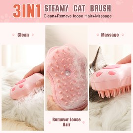 Cat Grooming Brush, 3 in 1 Cat Steamy Brush, Electric Cat Steam Brush with Self Cleaning Function, Silicone Massage, Clean and Removing Loose Hair for Cats and Other Pets