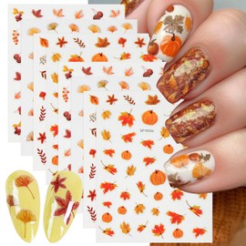 8 Sheets Fall Nail Stickers 3D Self-Adhesive Maple Leaf Nail Art Stickers for Nail Art Pumpkins Leaf Nail Design Autumn Nail Decals Thanksgiving Nail Art Supplies for Women Acrylic Nails Decoration