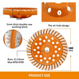 BGTEC Diamond Concrete Grinding Wheel - 180mm Angle Grinder Wheel with 22.23/15.875 Ruducer Washer for Grinding on Granite Marble Concrete Brick Masonry