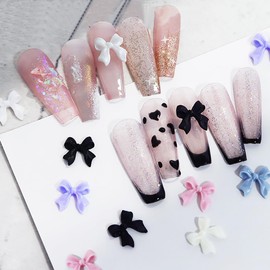 3D Bow Nail Charms, 6 Colors 3D Acrylic Colorful Bowknot Nail Art Rhinestones Pink White Black Blue Resin Bow Nail Stud Acrylic Nail Supplies Manicure DIY Nail Decorations