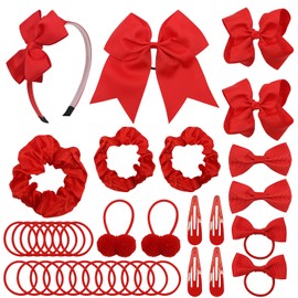 LACGO Pack of 37 School Uniform Hair Bow Accessories - Christmas Grosgrain Hair Clips Bow Headband Ribbon Alligator Ponytail Holder for Toddlers Teen Girls Christmas Party Prom (Red)