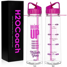 H2OCOACH Motivational Fitness Workout Sports Water Bottle with Time Marker | Measurements | Drink More Water Daily | Clear BPA-Free Tritan | Large 30 Ounce (Pink)