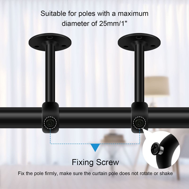 6 Pack Curtain Pole Bracket Ceiling Mount Black 25mm Metal