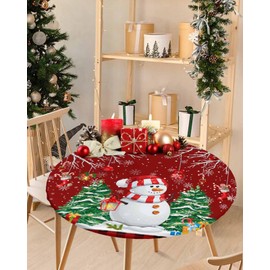 Cartoon Snowman Round Fitted Table Cover for Dining Tables,Elastic Edged Tablecloth Winter Christmas Trees Waterproof Oil Proof Tables Cover Cloths for Kitchen Dinner Party Event