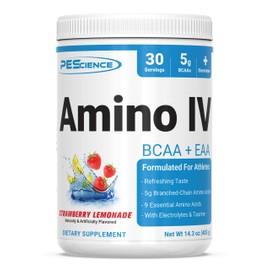PEScience Amino IV BCAA & EAA Powder, Essential Amino Acids, Taurine, Electrolytes for Hydration and Muscle Recovery, Sugar Free for Men & Women, Post Workout - Strawberry Lemonade - 30 Servings