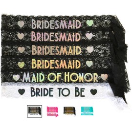 Bride & Bridesmaid 6pc Lace Sash Set - Gorgeous Party Favors for Bachelorette Party, Bridal Shower & Wedding Party (Black & Silver)