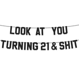 Vovii 21st Birthday Banner for Birthday Party Decorations, Pre-Strung Black Glitter Look At You Turning 21 Banner for 21st Bday Party Supplies Decor Gifts