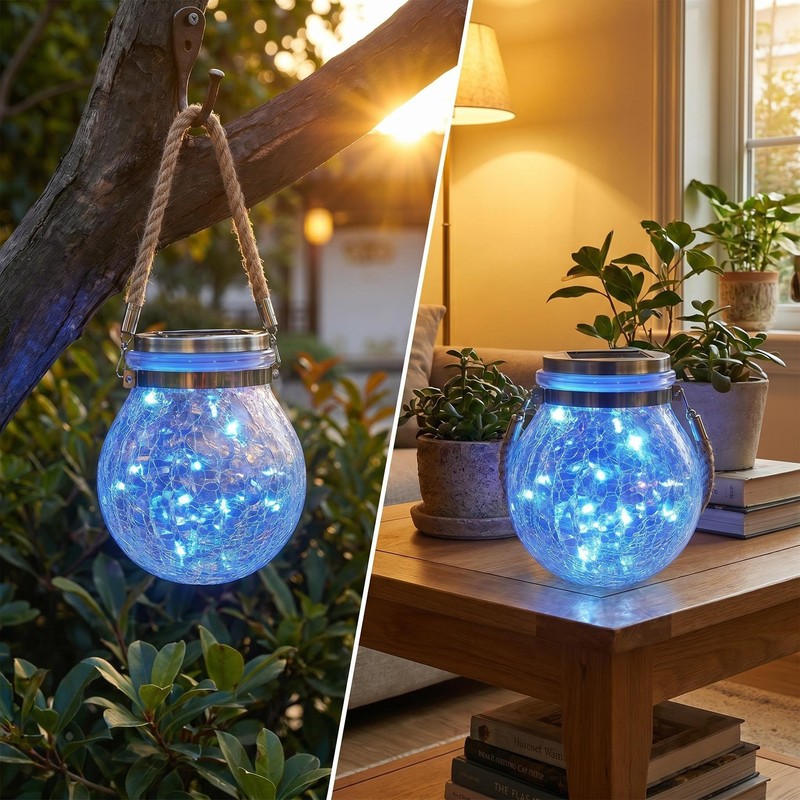 Solar Powered Transparent Glass Jar Lantern with 30 LED Lights,Hanging