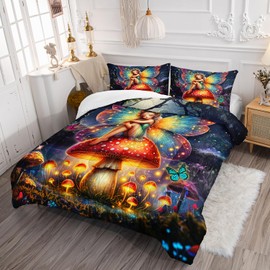 AILONEN Beautiful Fairy Comforter Set Twin Size, Butterfly Mushroom Fairy Bedding Set for Kids,Girls,Forest Spirit Duvet Set,3-Pieces, 1 Quilt and 2 Pillowcases,All Season,Soft