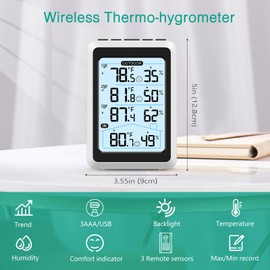 ORIA 3 Sensor Wireless Indoor Outdoor Thermometer Hygrometer, Digital Temperature Humidity Monitor with Backlit Display, Min/Max Records, Celsius/Fahrenheit Switch for Home, Garden, Greenhouse