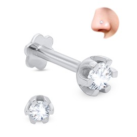0.10cttw Lab-Grown Diamond Set 14K White Gold Nose Stud Lip Labret Monroe Ring 20 Gauge - Internally Threaded with Screw Post) | Women's Diamond Nose Ring |Diamond Color- E-F Diamond Clarity-VS2