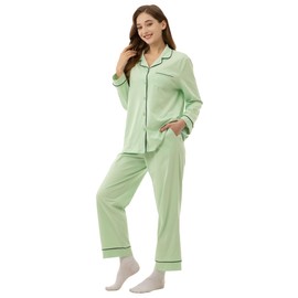 Womens Pyjamas Set, Cozy Long Sleeve 100% Cotton ladies Pajamas With Pockets, PJS for women sets Classic Women's nightwear Comfy Loungewear Olive Green 2XL