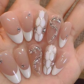 BQZQPAMZ White French Tip Press on Nails Glossy Pink False Nails with Snake Shape Rhinestone Design Reusable Glue on Nails Acrylic Nail Art Supplies for Women Manicure Gifts