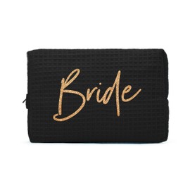 WEDDINGSTAR Women's Customizable Cotton Waffle Makeup Bag - Bride Black