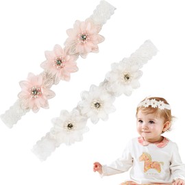 MEXRUMI Pack of 2 Baby Headband Flower Headband Girls Satin Ribbon Elastic Headband Baby Girl Hair Band with Grosgrain Ribbon for Gifts and Parties