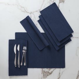 Encasa Ribbed Table Placemats (Set of 6) - Solid Navy Blue | 48x33 cm | Over 20 Modern Colors & Woven Designs - Washable Cloth Place Mats
