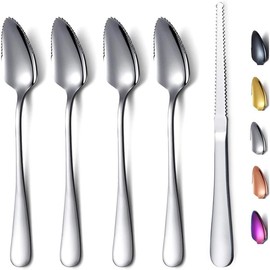 Grapefruit Spoons 5 Pieces Set, 4 Stainless Steel Grapefruit Spoon And 1 Grapefruit knife With Titanium Plating, Grapefruit Utensil Set, Serrated Edges Spoon pack or 5 - Color: 4 Grapefruit Spoon + 1 Grapefruit knife