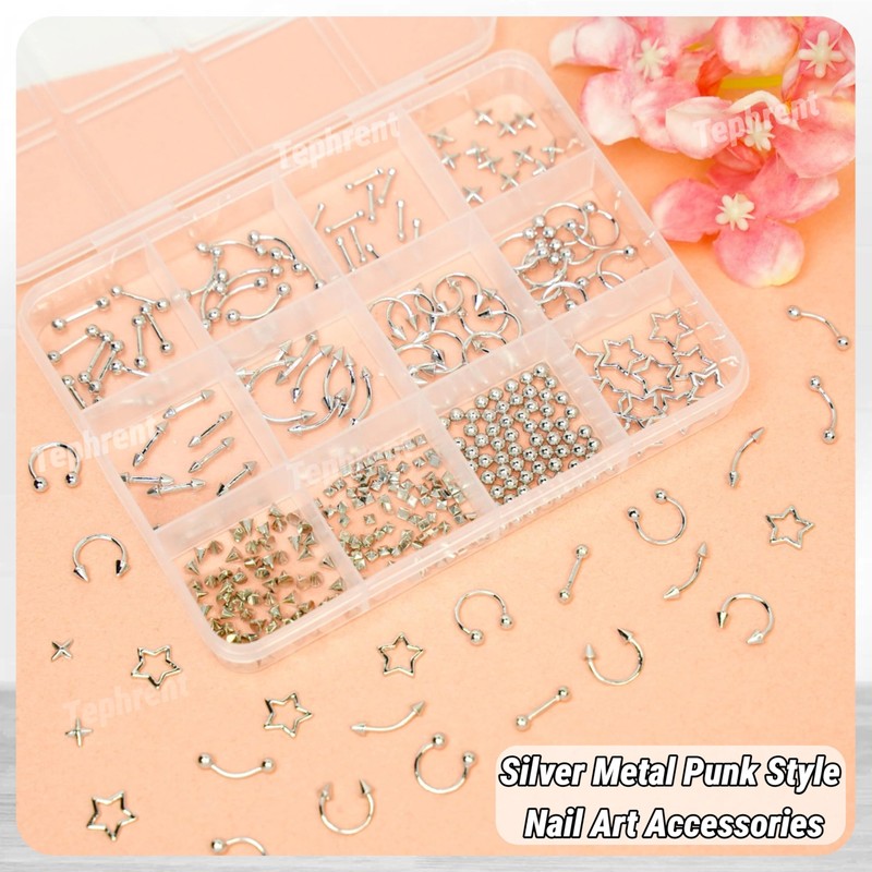 12Grids Nail Piercing Charms Silver Charms for Nails Metal Punk