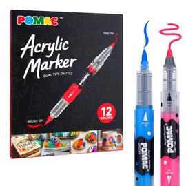 POMAC Rotuladores de Pintura Acrílica de Doble Punta Colores Surtidos, Marcador Acrílico Líquido Directo con Pincel y Punta Fina, Marcador de Pintura (12)