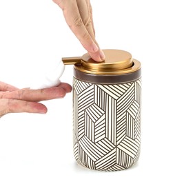 GIRLUFO Handmade Brown Foam Soap Dispenser,Ceramic Hand Soap Dispenser with Gold Pump,12oz Foaming Soap Dispenser Bathroom for Hand Wash,Kitchen Hand Soap Dispenser for Dish Soap
