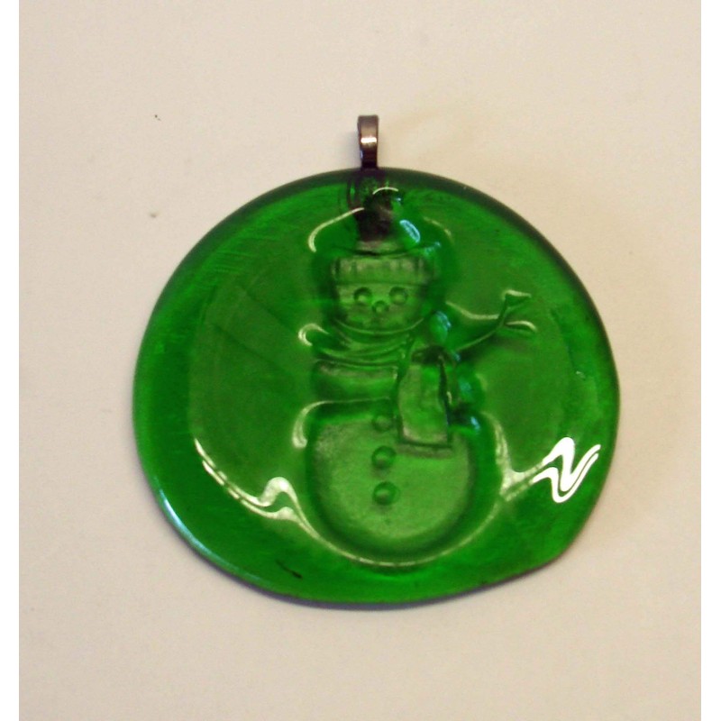 Green Snowman Handmade Up-Cycled Glass Bottle Bottom Sun Catcher Ornament