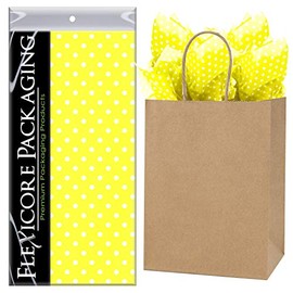 Flexicore Packaging Natural Brown Kraft Paper Gift Bags & Yellow Gift Wrap Tissue Paper | Size: 8 Inch X 4.75 Inch X 10.5 Inch | Count: 50 Bags | Color: Yellow Polka Dot