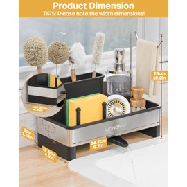 LIONONLY Kitchen Sink Organiser, Stainless Steel Sponge Holder Kitchen with Drain Pan, Removable Brush Holder and Towel Rail, Sink Caddy Kitchen Organiser for Worktop