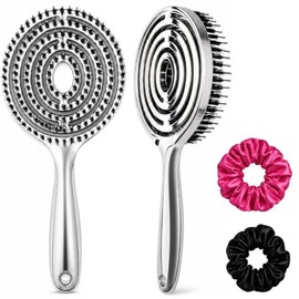 Cepillo para Cabello Desenredante con Cerdas de Jabalí y Nylon, Anti Frizz para Cabello Rizado, Lacio y Ondulado, Seco o Mojado, con 2 Scrunchies,