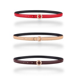 Cinturón de piel suave para mujer, cinturón de moda, cinturón de aleación dorada, forma redonda, hebilla, Paquete de 3, rojo, beige y café oscuro, For Waist 28"- 34", Women Size S-M, 4-6