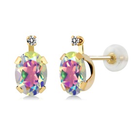 Gem Stone King 14K Yellow Gold Mercury Mist Mystic Topaz and White Diamond Earrings For Women (1.91 Cttw, Gemstone Birthstone, Oval 7X5MM)