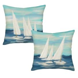 Asminifor Sea Ocean Throw Pillow Covers White Sailboat in The Sea Decorative Pillow Covers Cotton Linen Oil Painting Design Nautical Sailing Pillow Case Outdoor Cushion Covers 18" x 18" (Sailboat Set)