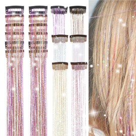 MISSUHUI 12Pcs Hair Tinsel Clip in 23.6Inch Clip in Hair Tinsel Glitter Tinsel Hair Extensions Heat Resistant Tinsel Hair Kit Clip in Sparkling Fairy Hair Accessories for Girls Women Kids (6 Colors)