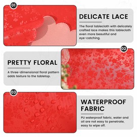 Vinyl Lace Tablecloth Round Heavy Duty Jacquard Table Cloth Waterproof Spillproof for Table Cover, Round-48 Inch, Red