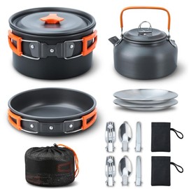 Camping Cookware Mess Kit, Portable Camp Cooking Sets with Kettle, Outdoor Pots Pans Bowl Fork Spoon Kits for Outdoor Traveling Hiking Backpacking Adventure