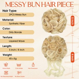 RONTAYA 2PCS Messy Bun Hair Piece Wavy Curly Synthetic Updo Chignon Fake Scrunchies Ponytail Extension for Women Dirty Blonde