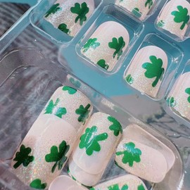Glitter St. Patrick's Day Nails Short Short Square Fake Nails With Four-Leaf Clover Designs French Glossy Sparkly Cute Shamrock Press ons Glue on Nails False Nails Artificial Nails Stick on for Women
