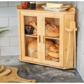 Corner Bread Box for Kitchen Countertop - Large Capacity Bread Holder for Kitchen Counter with Extra Storage Space on Top - Farmhouse Two-Shelf Bread Storage Bin Cabinet with Tongs - Natural Bamboo
