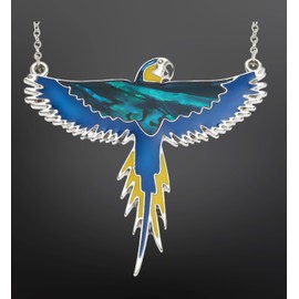 Blue & Yellow Macaw Parrot Necklace in Sterling Silver – Paua Shell Inlay Bird Pendant – Tropical Wildlife Jewellery Gift for Women – 50mm Wide Statement Necklace