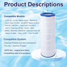 Purelixir NSF Certified CC150 Pool Filter Compatible with CCRP150, CC150, PAP150, Unicel C-9415, R173216, 59054300, Ultral-C4, Filbur FC-0687, 160317, 160355, 160352, L x OD: 31 1/8" x10 1/16"