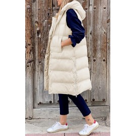 LEANI Womens Long Puffer Vest Full-Zip Hooded Sleeveless Down Jacket Coats with Pockets Beige Large