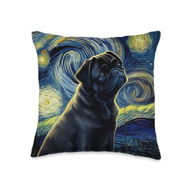 black Pug in Starry Night Painting Dog Mom Dad Throw Pillow